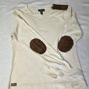 Lauren Ralph Lauren Women's Large Ivory Brown Elbow Patch Zipper Long Sleeve Top